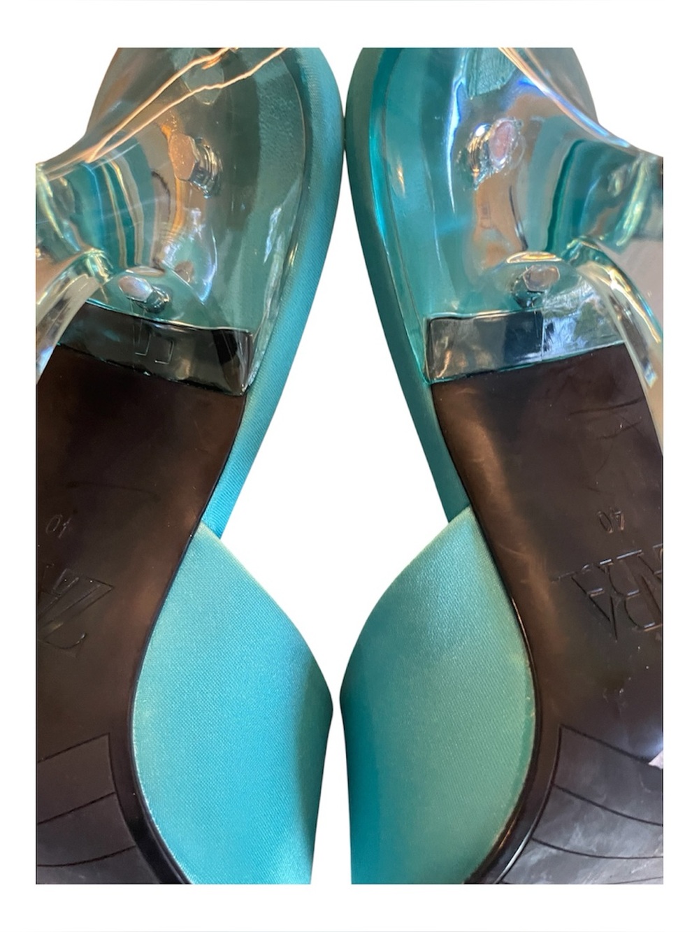 Zara Satin Turquoise Heels Sculptural Lucite Heel Sandals - Picture 4 of 5